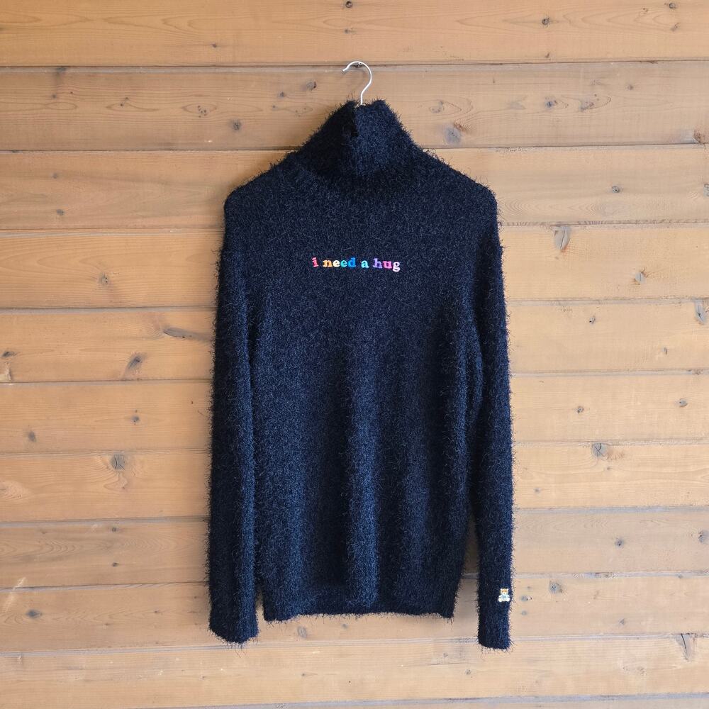 Teddy Fresh I Need A Hug Eyelash Sweater Black Rainbow Turtleneck Pullover OS - Picture 2 of 7